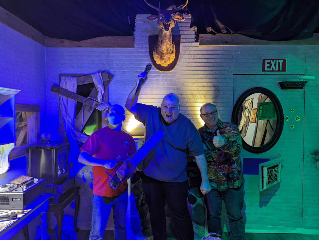 Bearz, Alejandro, and Steven in a horror-themed escape room. Photo courtesy Steven Zwanger.