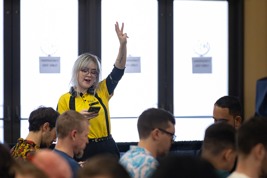 Maddie calls a draft at Nationals in 2023. Photo © John Brian McCarthy